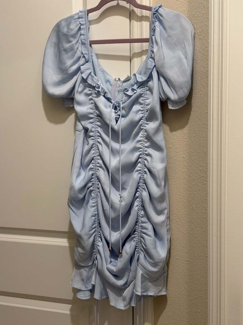 Angel Biba Mini Dress Size US L Blue Ruched Puff Sleeve Lace Up